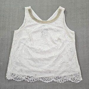 Le Bos Blouse‎ 14W White Sleeveless Pearl Embellishments Crochet Needlepoint NWT